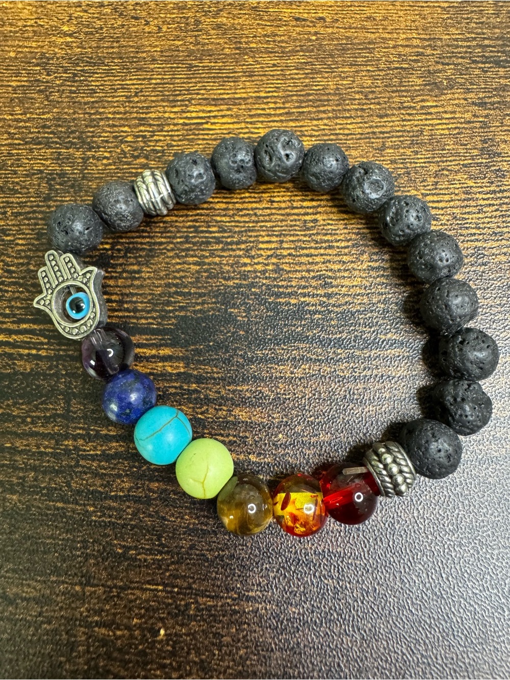💚4/$20 Black Lava Stone Chakra Bracelet with Multicolour Beads and Hamsa Charm
